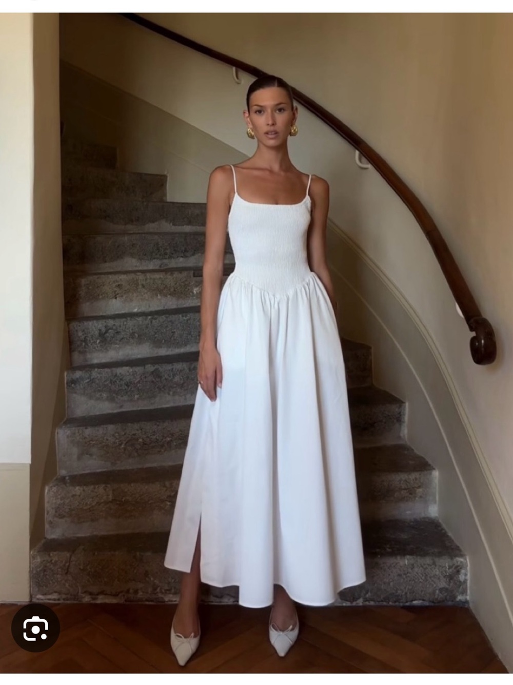 DISSH White Smocked Drop-Waist Midi Dress with Spaghetti Straps